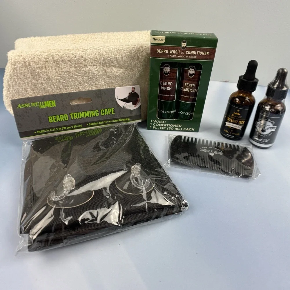 Beard Care Set with Wash Conditioner Oil Beard Trimming Cape Comb Lot of 5 New